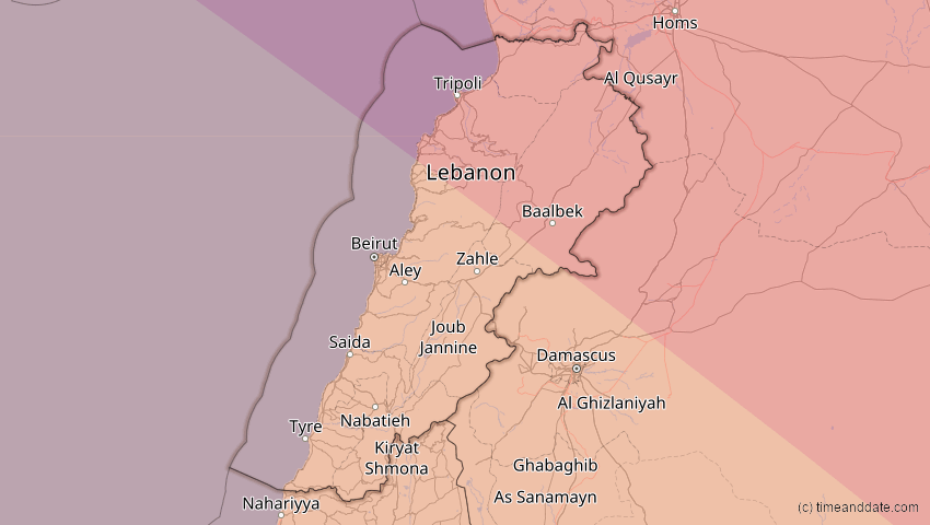 A map of Libanon, showing the path of the 3. Sep 2081 Totale Sonnenfinsternis