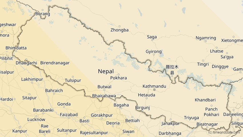 A map of Nepal, showing the path of the 3. Sep 2081 Totale Sonnenfinsternis