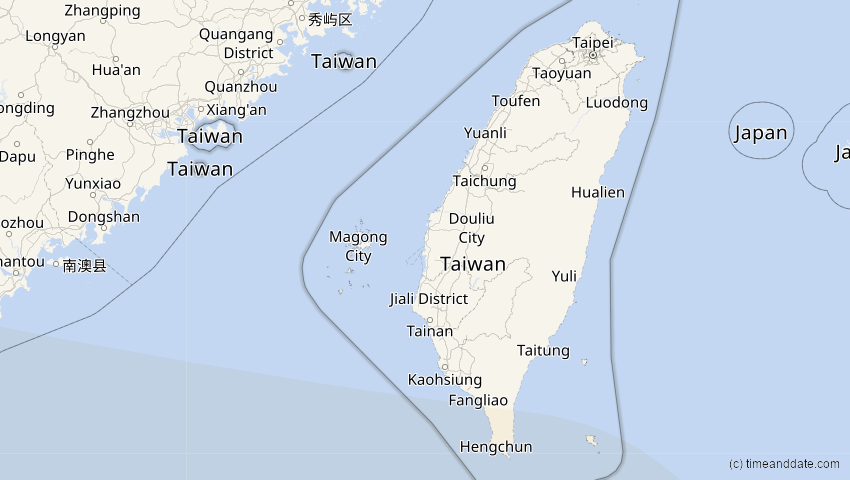 A map of Taiwan, showing the path of the 3. Sep 2081 Totale Sonnenfinsternis