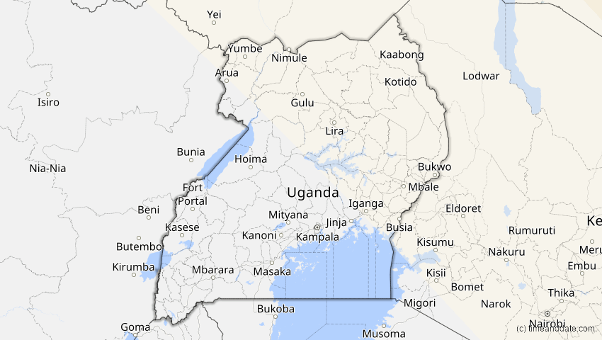 A map of Uganda, showing the path of the 3. Sep 2081 Totale Sonnenfinsternis
