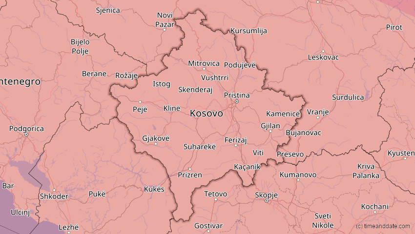 A map of Kosovo, showing the path of the 3. Sep 2081 Totale Sonnenfinsternis