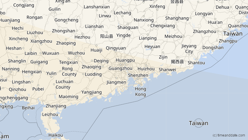 A map of Guangdong, China, showing the path of the 3. Sep 2081 Totale Sonnenfinsternis