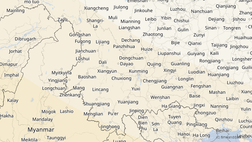 A map of Yunnan, China, showing the path of the 3. Sep 2081 Totale Sonnenfinsternis