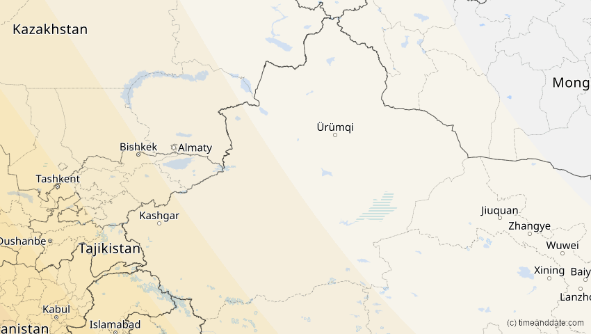 A map of Xinjiang, China, showing the path of the 3. Sep 2081 Totale Sonnenfinsternis