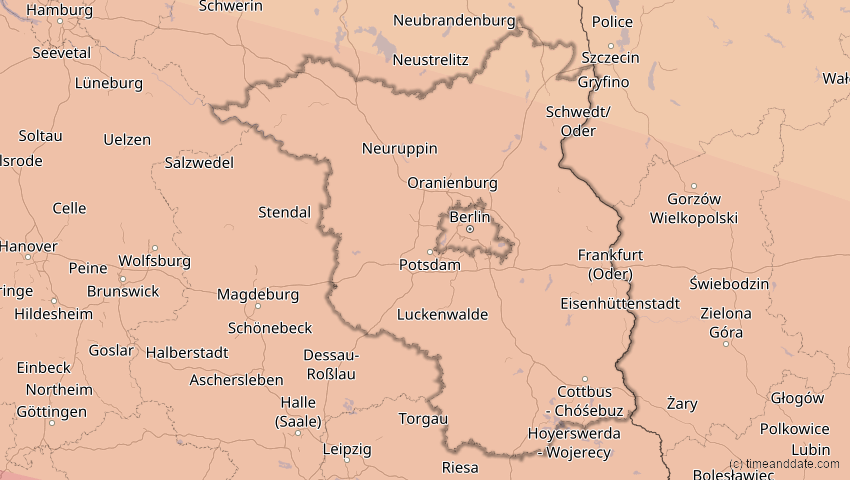 A map of Brandenburg, Deutschland, showing the path of the 3. Sep 2081 Totale Sonnenfinsternis