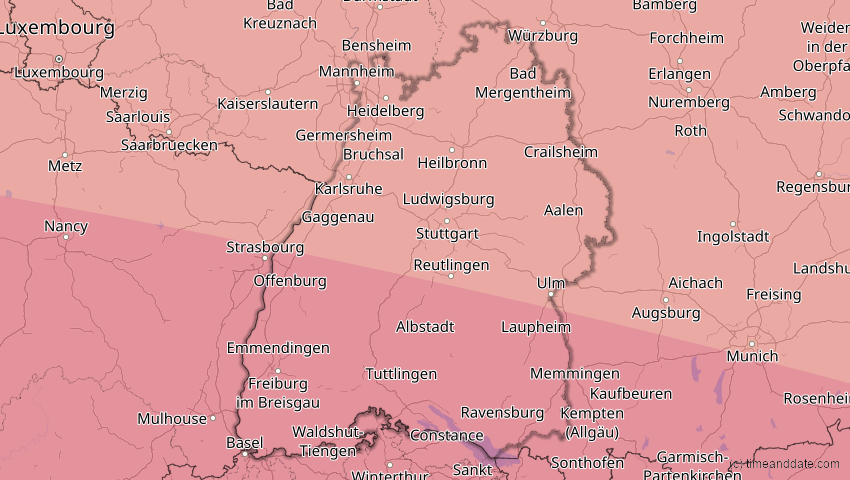A map of Baden-Württemberg, Deutschland, showing the path of the 3. Sep 2081 Totale Sonnenfinsternis