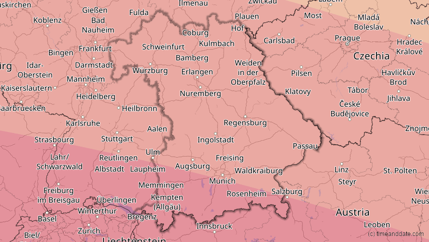 A map of Bayern, Deutschland, showing the path of the 3. Sep 2081 Totale Sonnenfinsternis