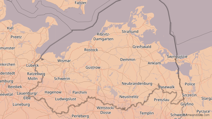 A map of Mecklenburg-Vorpommern, Deutschland, showing the path of the 3. Sep 2081 Totale Sonnenfinsternis