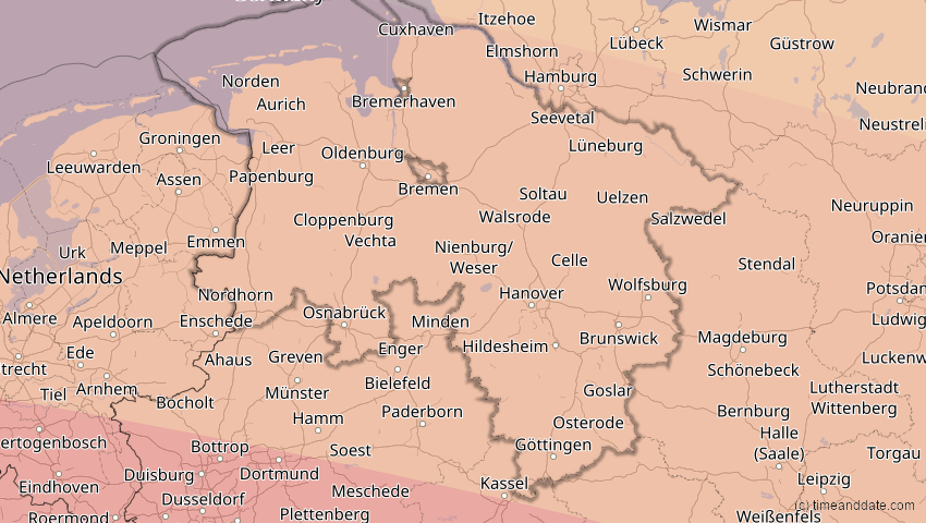 A map of Niedersachsen, Deutschland, showing the path of the 3. Sep 2081 Totale Sonnenfinsternis