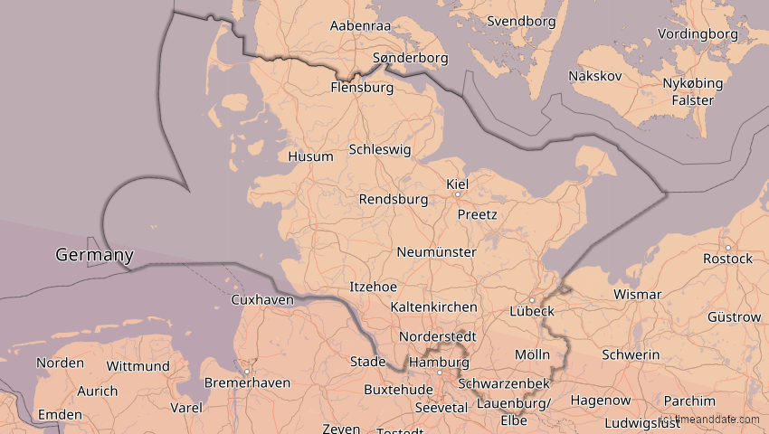 A map of Schleswig-Holstein, Deutschland, showing the path of the 3. Sep 2081 Totale Sonnenfinsternis