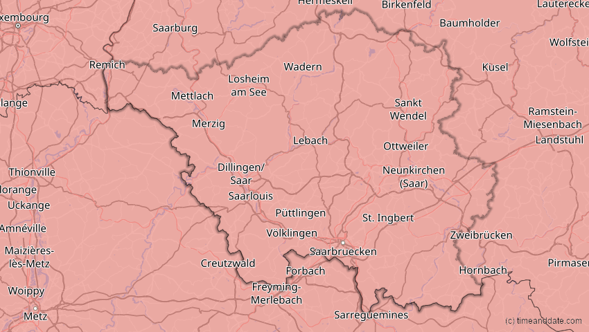 A map of Saarland, Deutschland, showing the path of the 3. Sep 2081 Totale Sonnenfinsternis