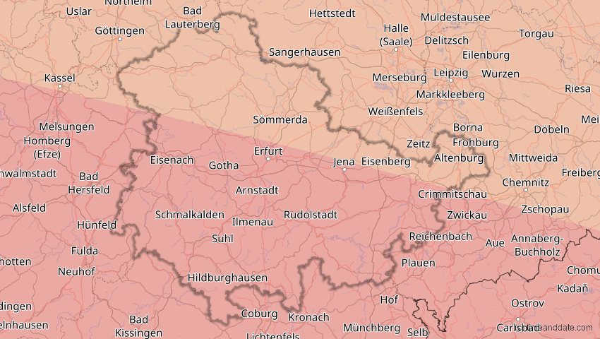 A map of Thüringen, Deutschland, showing the path of the 3. Sep 2081 Totale Sonnenfinsternis