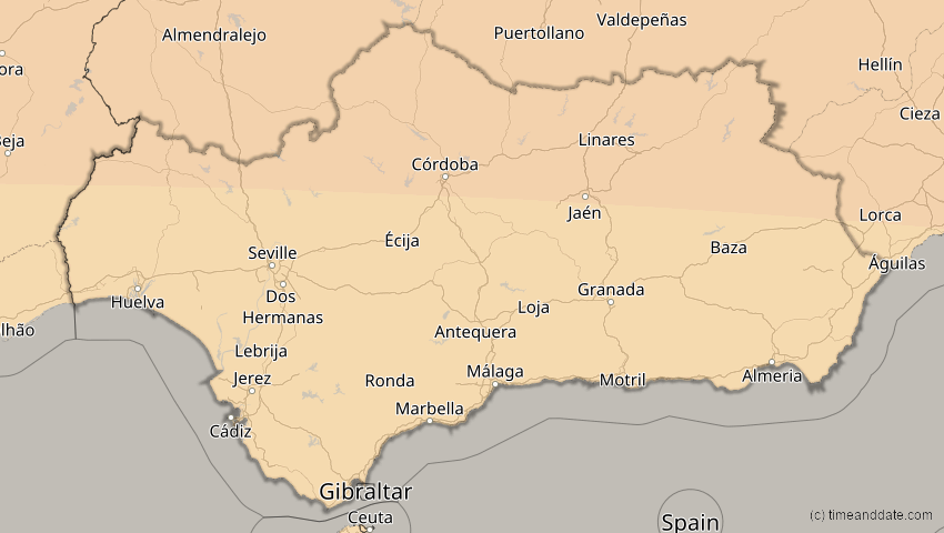 A map of Andalusien, Spanien, showing the path of the 3. Sep 2081 Totale Sonnenfinsternis