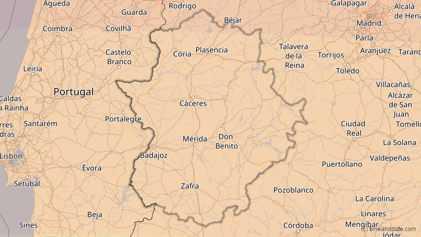 A map of Extremadura, Spanien, showing the path of the 3. Sep 2081 Totale Sonnenfinsternis