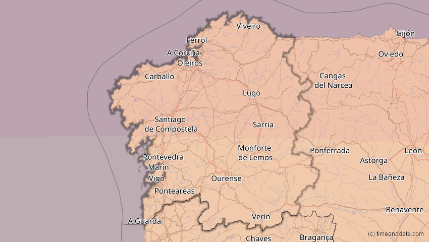 A map of Galicien, Spanien, showing the path of the 3. Sep 2081 Totale Sonnenfinsternis