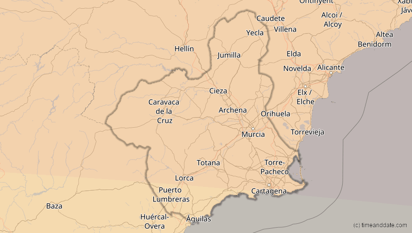 A map of Murcia, Spanien, showing the path of the 3. Sep 2081 Totale Sonnenfinsternis