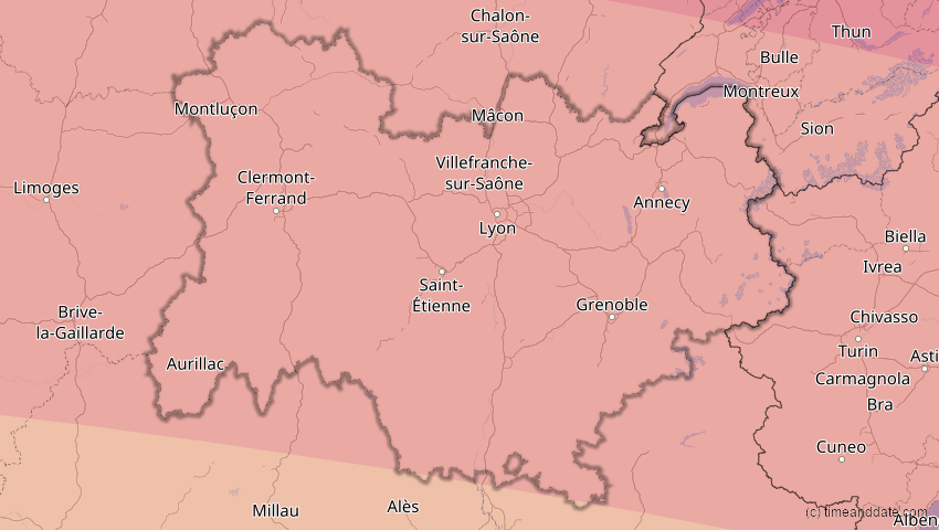 A map of Auvergne-Rhône-Alpes, Frankreich, showing the path of the 3. Sep 2081 Totale Sonnenfinsternis