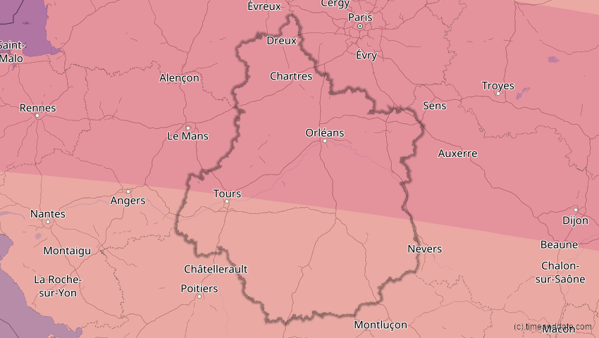 A map of Centre-Val de Loire, Frankreich, showing the path of the 3. Sep 2081 Totale Sonnenfinsternis