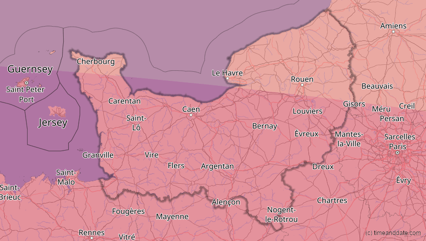 A map of Normandie, Frankreich, showing the path of the 3. Sep 2081 Totale Sonnenfinsternis