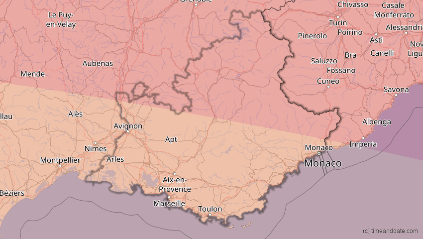 A map of Provence-Alpes-Côte d’Azur, Frankreich, showing the path of the 3. Sep 2081 Totale Sonnenfinsternis