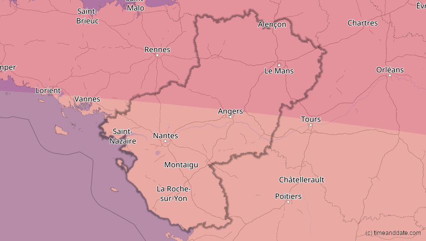 A map of Pays de la Loire, Frankreich, showing the path of the 3. Sep 2081 Totale Sonnenfinsternis