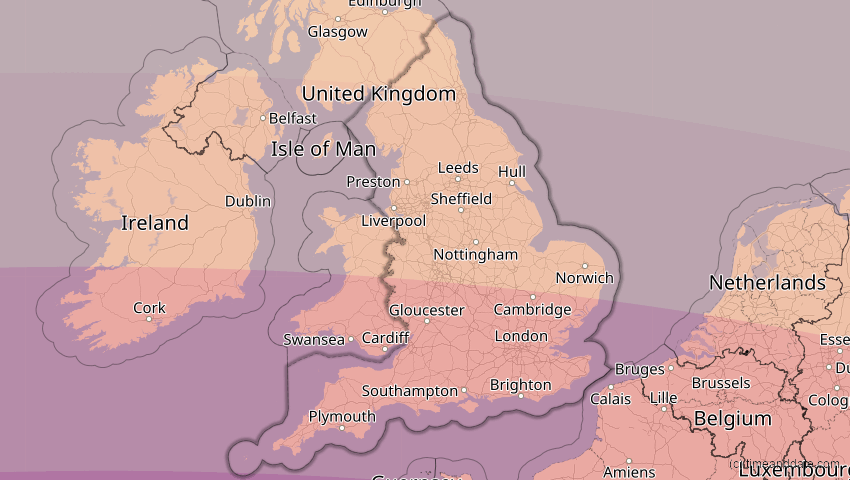 A map of England, Großbritannien, showing the path of the 3. Sep 2081 Totale Sonnenfinsternis