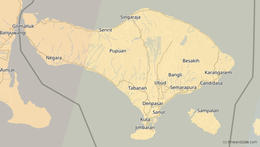 A map of Bali, Indonesien, showing the path of the 3. Sep 2081 Totale Sonnenfinsternis