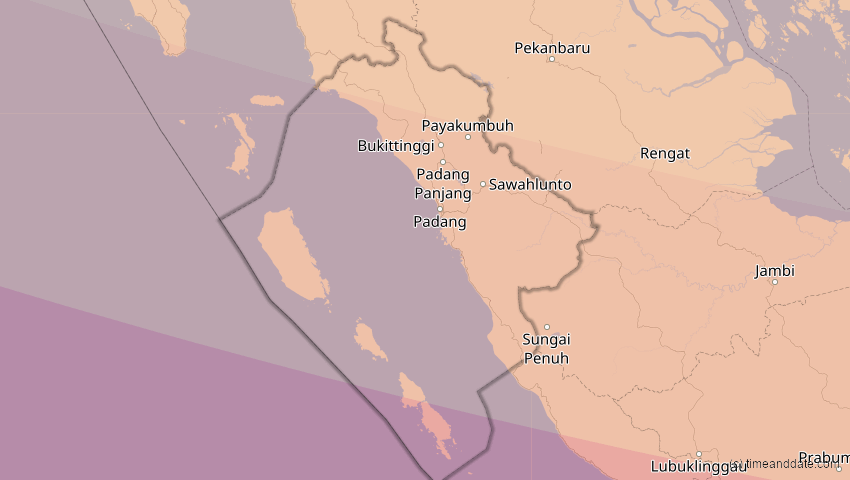 A map of Sumatera Barat, Indonesien, showing the path of the 3. Sep 2081 Totale Sonnenfinsternis