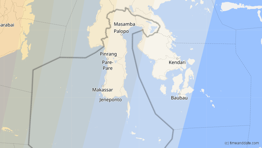 A map of Sulawesi Selatan, Indonesien, showing the path of the 3. Sep 2081 Totale Sonnenfinsternis