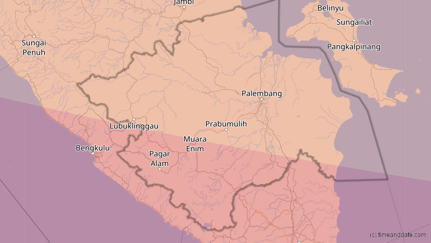 A map of Sumatera Selatan, Indonesien, showing the path of the 3. Sep 2081 Totale Sonnenfinsternis
