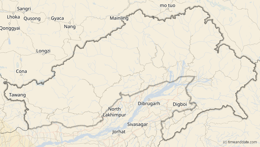 A map of Arunachal Pradesh, Indien, showing the path of the 3. Sep 2081 Totale Sonnenfinsternis