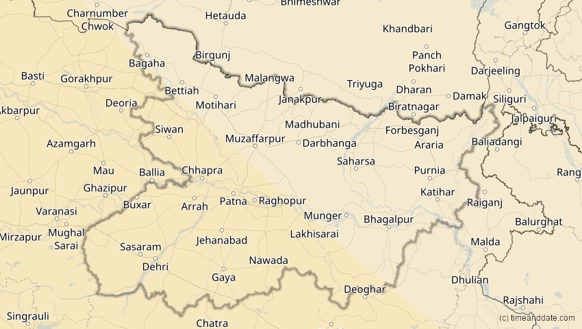 A map of Bihar, Indien, showing the path of the 3. Sep 2081 Totale Sonnenfinsternis