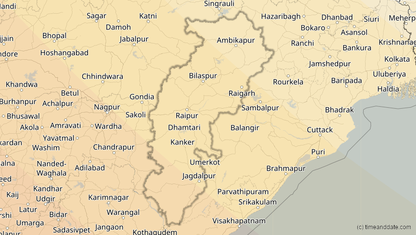 A map of Chhattisgarh, Indien, showing the path of the 3. Sep 2081 Totale Sonnenfinsternis