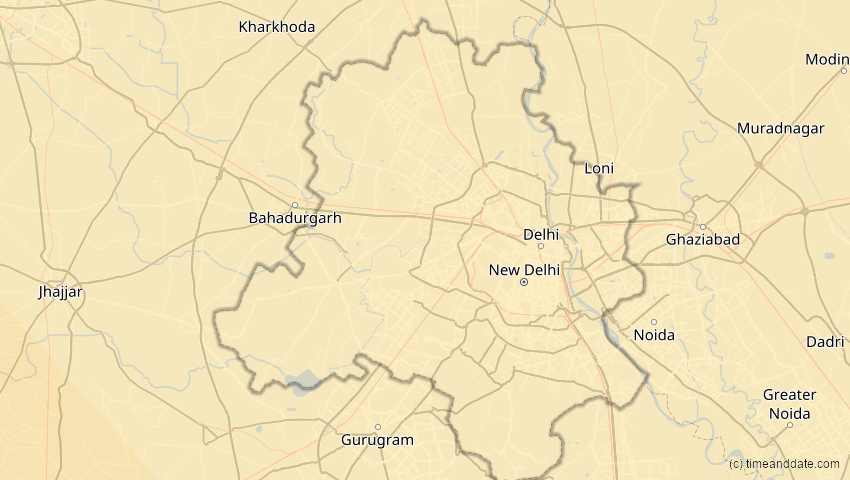 A map of Delhi, Indien, showing the path of the 3. Sep 2081 Totale Sonnenfinsternis