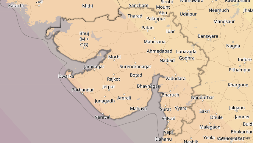 A map of Gujarat, Indien, showing the path of the 3. Sep 2081 Totale Sonnenfinsternis