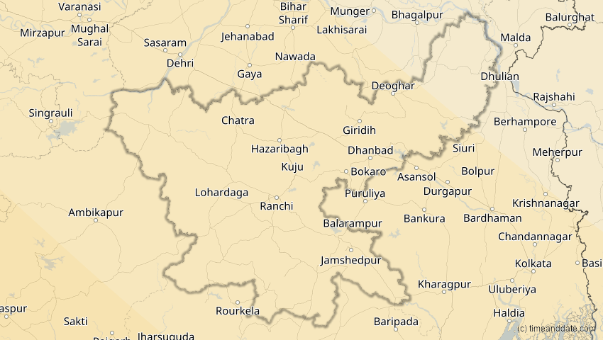 A map of Jharkhand, Indien, showing the path of the 3. Sep 2081 Totale Sonnenfinsternis