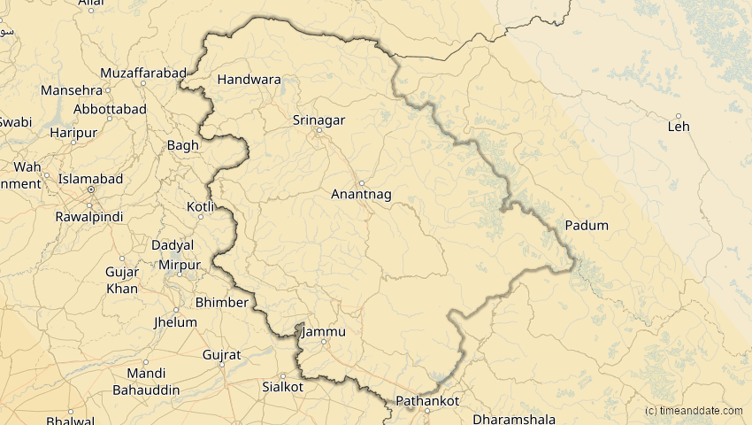 A map of Jammu und Kashmir, Indien, showing the path of the 3. Sep 2081 Totale Sonnenfinsternis