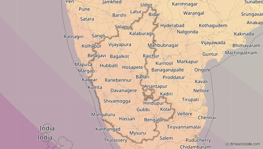 A map of Karnataka, Indien, showing the path of the 3. Sep 2081 Totale Sonnenfinsternis