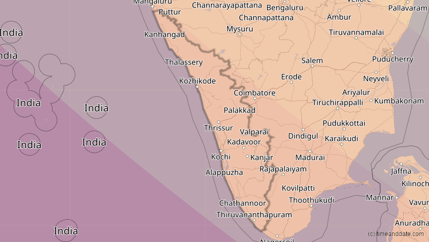 A map of Kerala, Indien, showing the path of the 3. Sep 2081 Totale Sonnenfinsternis