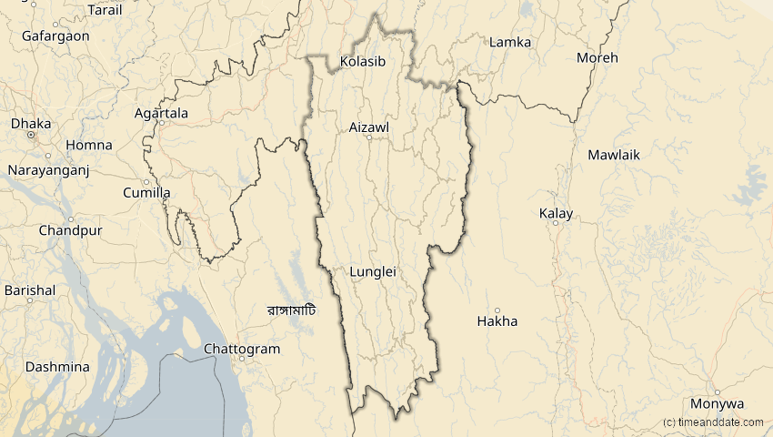 A map of Mizoram, Indien, showing the path of the 3. Sep 2081 Totale Sonnenfinsternis