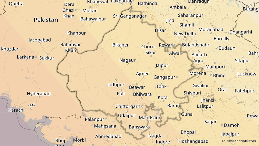A map of Rajasthan, Indien, showing the path of the 3. Sep 2081 Totale Sonnenfinsternis
