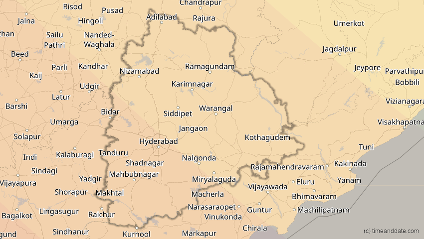 A map of Telangana, Indien, showing the path of the 3. Sep 2081 Totale Sonnenfinsternis