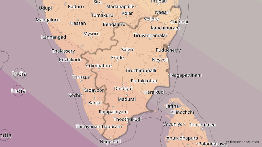 A map of Tamil Nadu, Indien, showing the path of the 3. Sep 2081 Totale Sonnenfinsternis