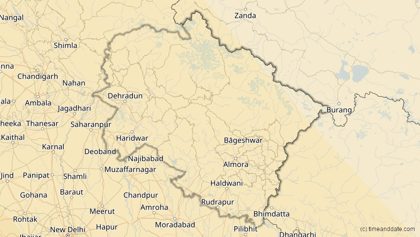 A map of Uttarakhand, Indien, showing the path of the 3. Sep 2081 Totale Sonnenfinsternis