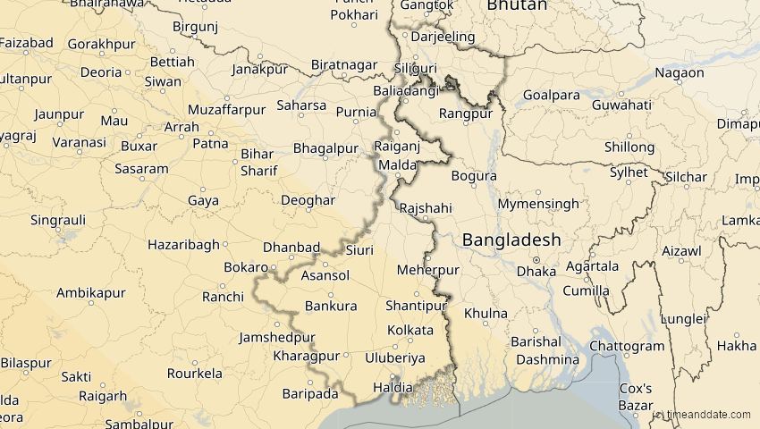 A map of Westbengalen, Indien, showing the path of the 3. Sep 2081 Totale Sonnenfinsternis