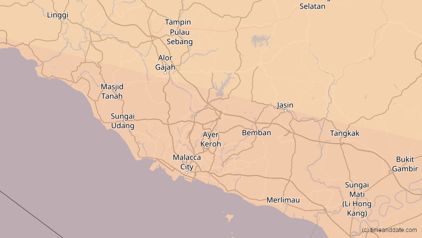 A map of Malakka, Malaysia, showing the path of the 3. Sep 2081 Totale Sonnenfinsternis