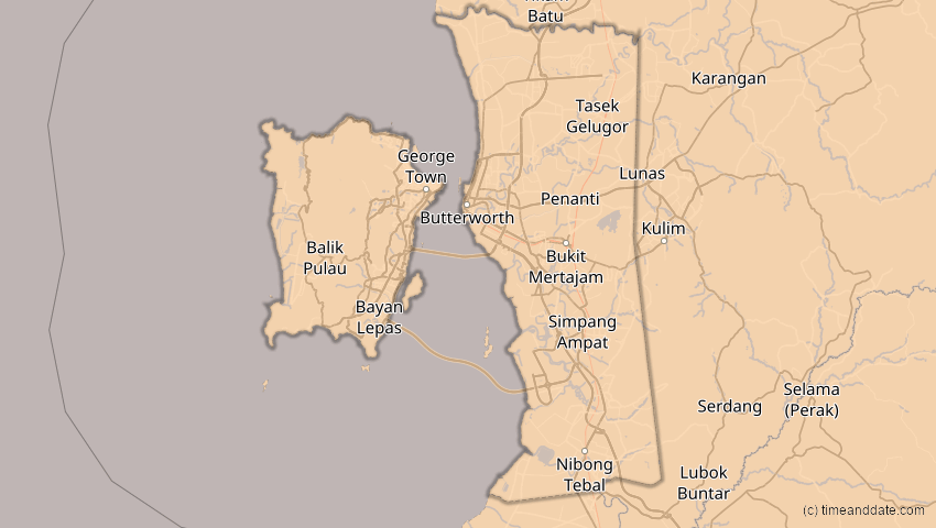 A map of Penang, Malaysia, showing the path of the 3. Sep 2081 Totale Sonnenfinsternis