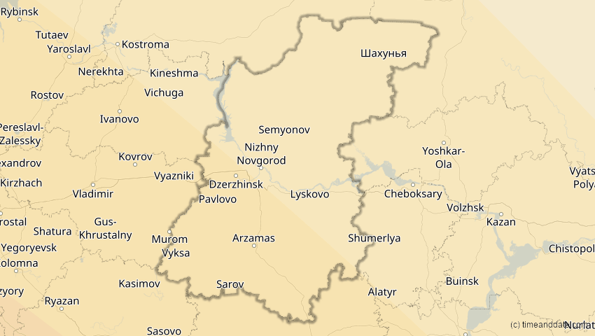 A map of Nischni Nowgorod, Russland, showing the path of the 3. Sep 2081 Totale Sonnenfinsternis