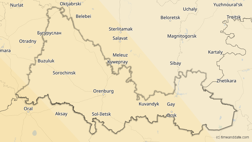 A map of Orenburg, Russland, showing the path of the 3. Sep 2081 Totale Sonnenfinsternis