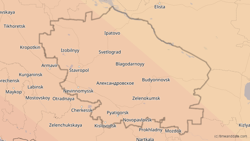 A map of Stawropol, Russland, showing the path of the 3. Sep 2081 Totale Sonnenfinsternis
